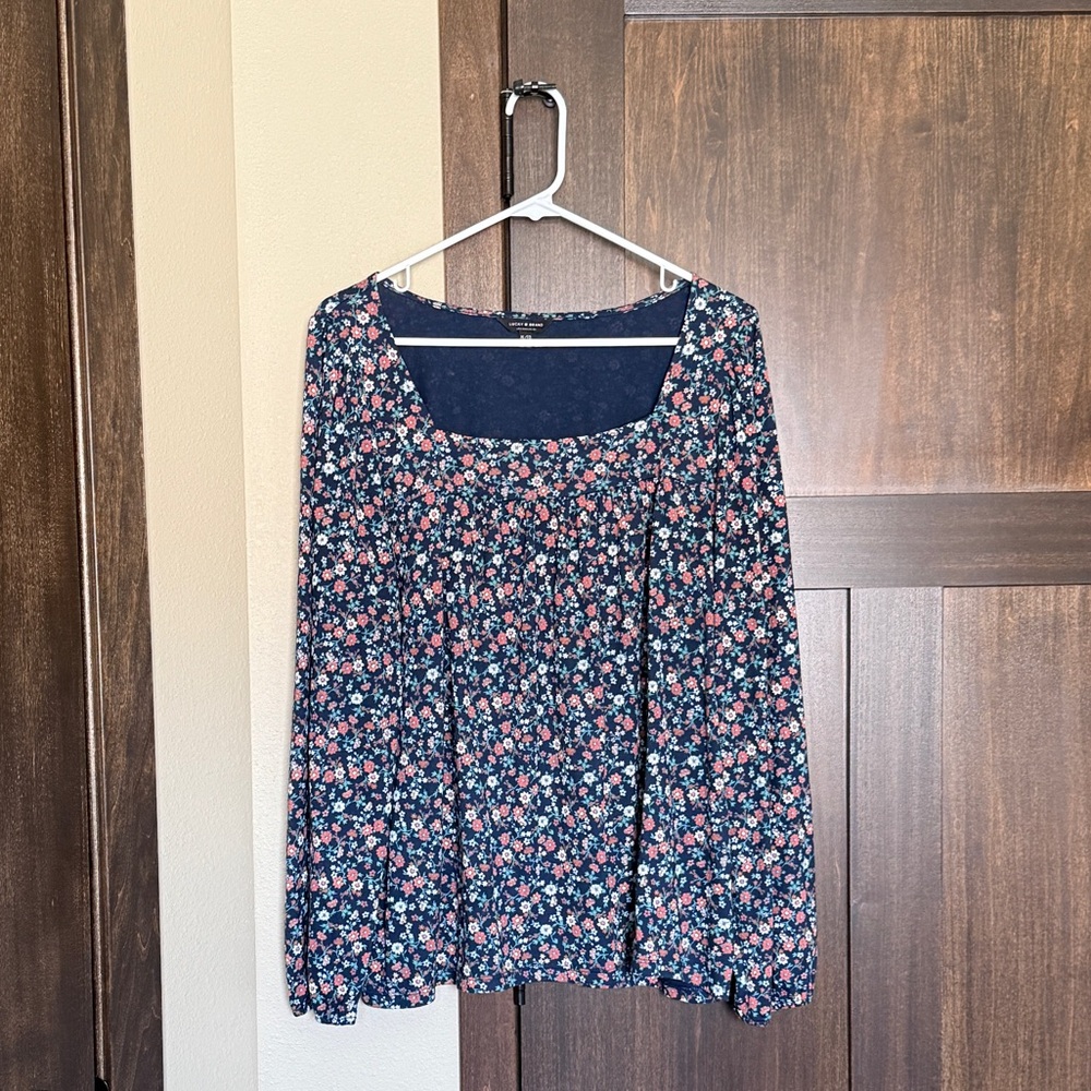 Lucky Brand Women’s Navy Blue Floral Square Neck Long Sleeve Popover Top Size XL